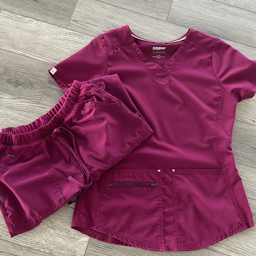 maroon scrub set top and bottom